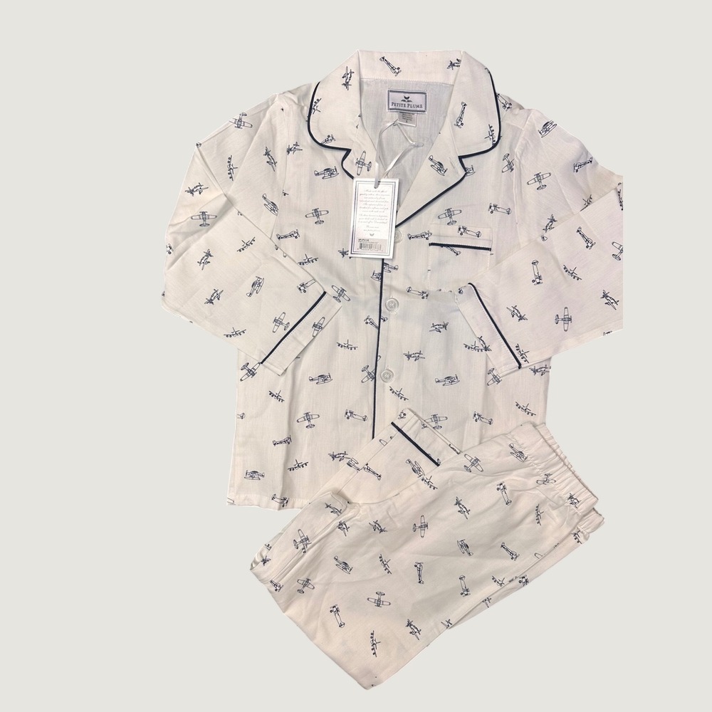 Petite Plume Par Avion Boys Pajama Set Size 5 White Navy Airplane Luxury PJ New